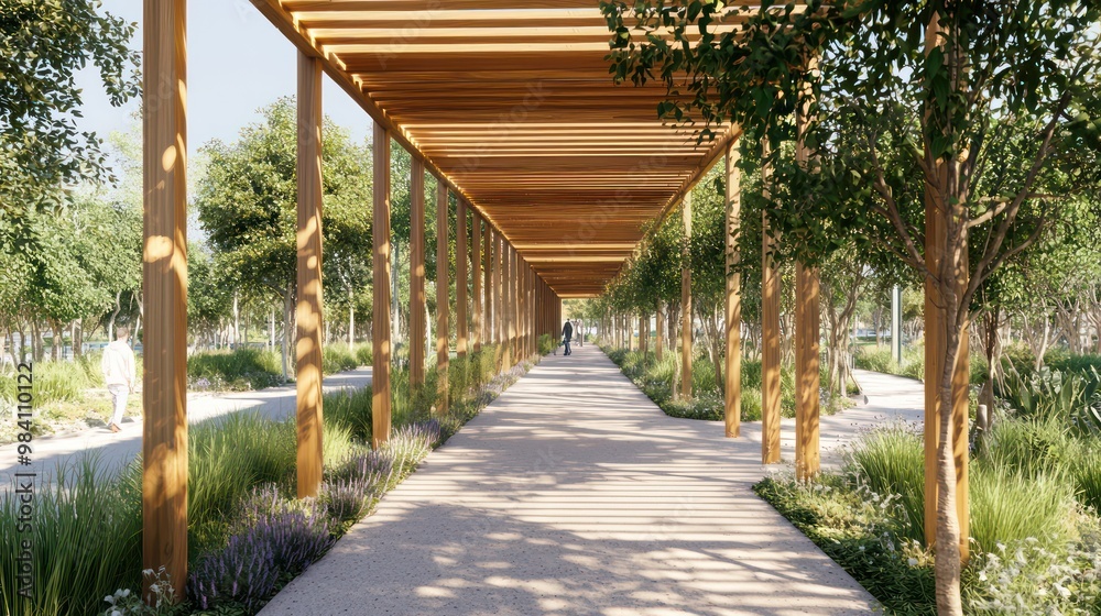 Fototapeta premium A detailed wooden canopy over a pedestrian pathway, providing shade and designed with sustainability in mind