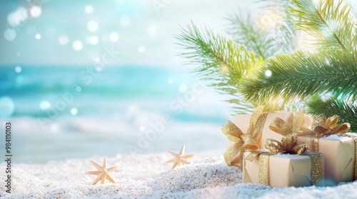 Fototapeta Naklejka Na Ścianę i Meble -  Small tropical palm tree and a gift box on a sand beach, blurred ocean view in the background.