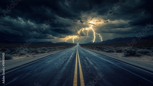 Empty straight asphalt road stretching along the desert with black clouds and lightning in the sky with space for text or inscriptions
 photo