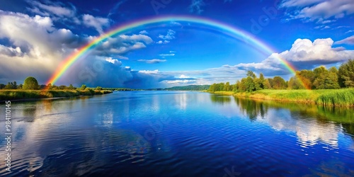 Beautiful rainbow reflection on calm river