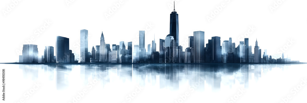 Obraz premium Night big city skyline, with dark building silhouettes and scattered lights, on white background