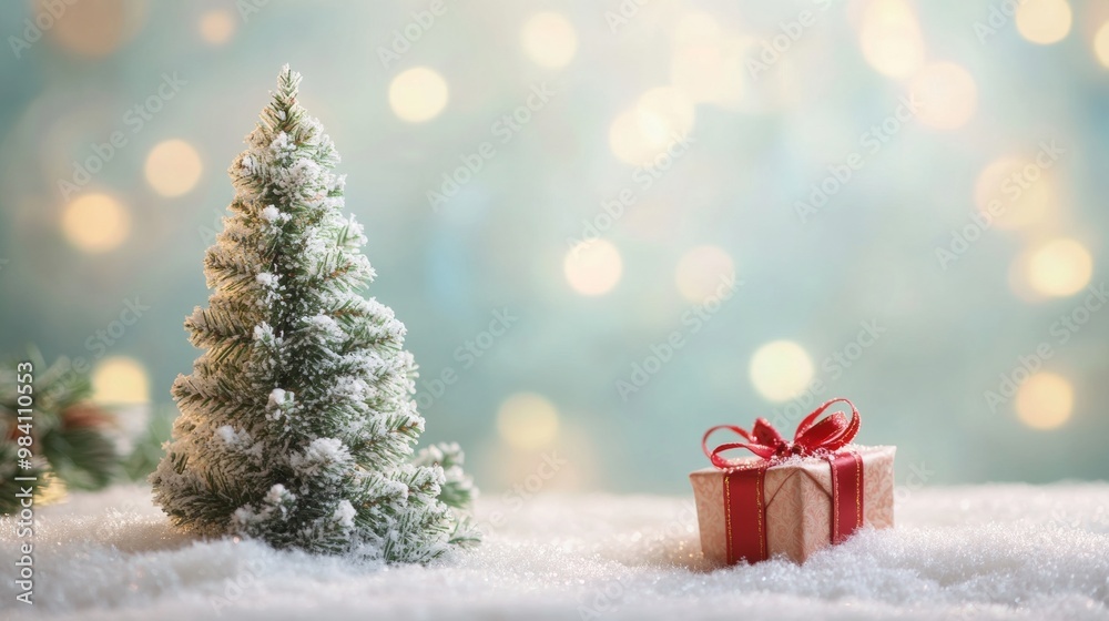 Small snow covered Christmas tree with light soft background Small snow covered Christmas tree with light soft background
