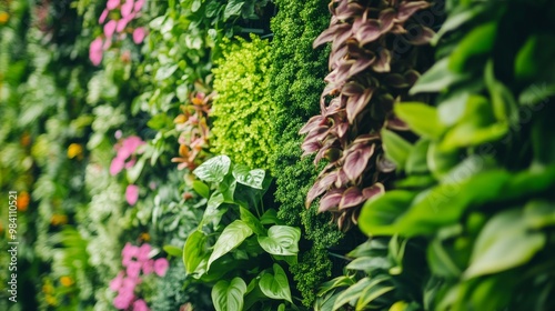 A vertical garden wall with various plants and flowers, creating an eco-friendly green space in the city.