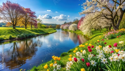 Fototapeta Naklejka Na Ścianę i Meble -  Beautiful spring landscape with colorful flowers and a flowing river