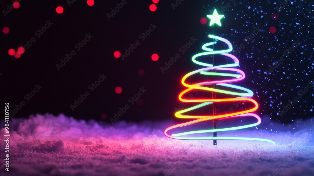 Bright neon Christmas tree spiraling upward in colorful lights, glowing in a misty atmosphere against a dark purple backdrop Bright neon Christmas tree spiraling upward in colorful lights, glowing in a misty atmosphere against a dark purple backdrop