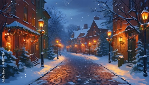 Nostalgic winter evening on a snowy cobblestone street, warm street lights illuminating festively decorated buildings, perfect for holiday greeting card designs photo