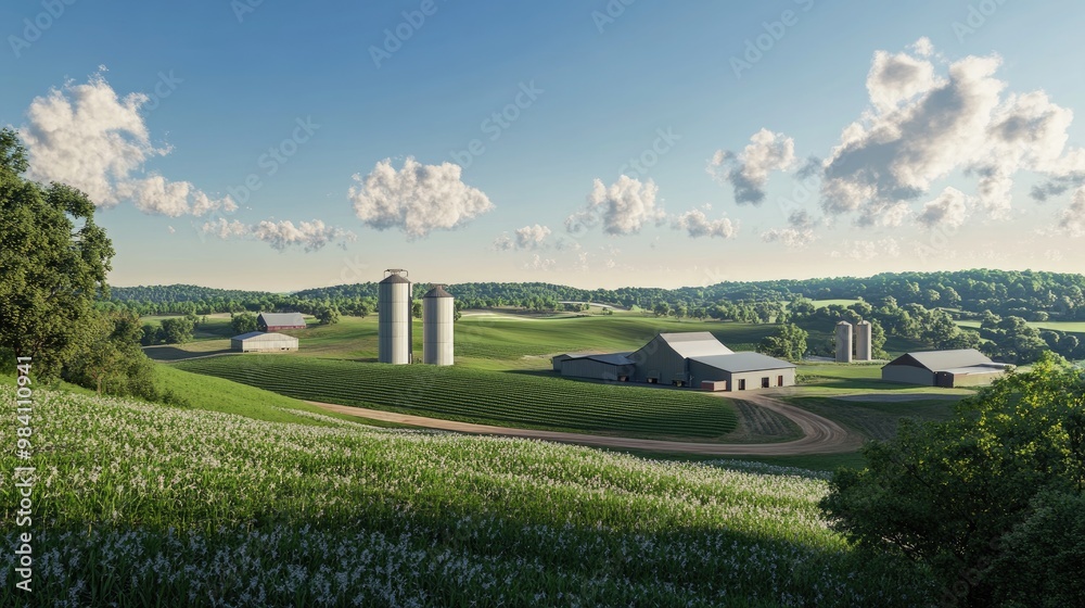 A panoramic view of a large cow farm, with green fields, barns, and silos dotting the landscape under a clear blue sky A panoramic view of a large cow farm, with green fields, barns, and silos dotting the landscape under a clear blue sky