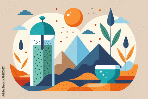 Abstract minimalist chia seed water art with mountains and nature elements