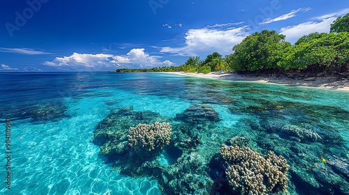 Crystal-clear ocean waters with coral reefs