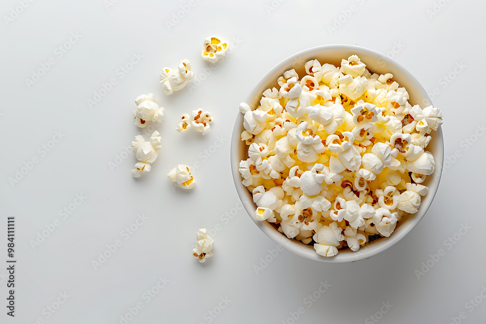 A white bowl filled with popcorn is on a white background with scattered popcorn around it, Popcorn snack food bowl, Pop corn Close up
A white bowl filled with popcorn is on a white background with scattered popcorn around it, Popcorn snack food bowl, Pop corn Close up