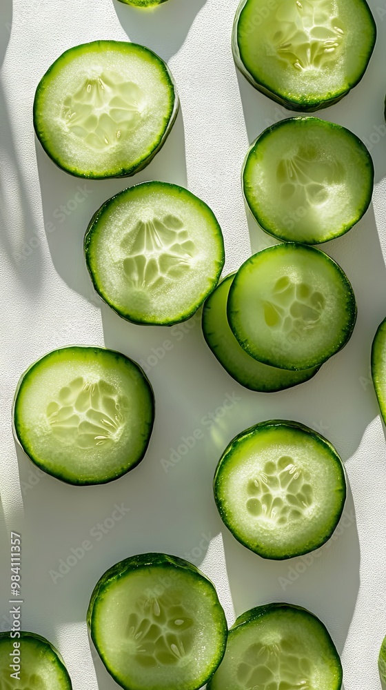 Cucumber Slices on a White Background with Sun Light Cucumber Slices on a White Background with Sun Light
