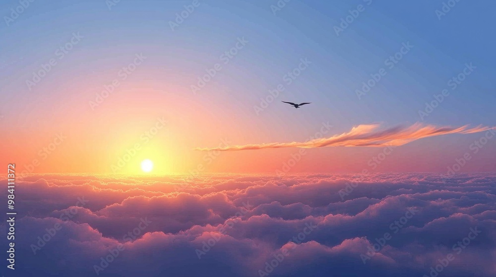 A peaceful sky at dawn, with a single bird flying across the horizon as the sun begins to rise A peaceful sky at dawn, with a single bird flying across the horizon as the sun begins to rise