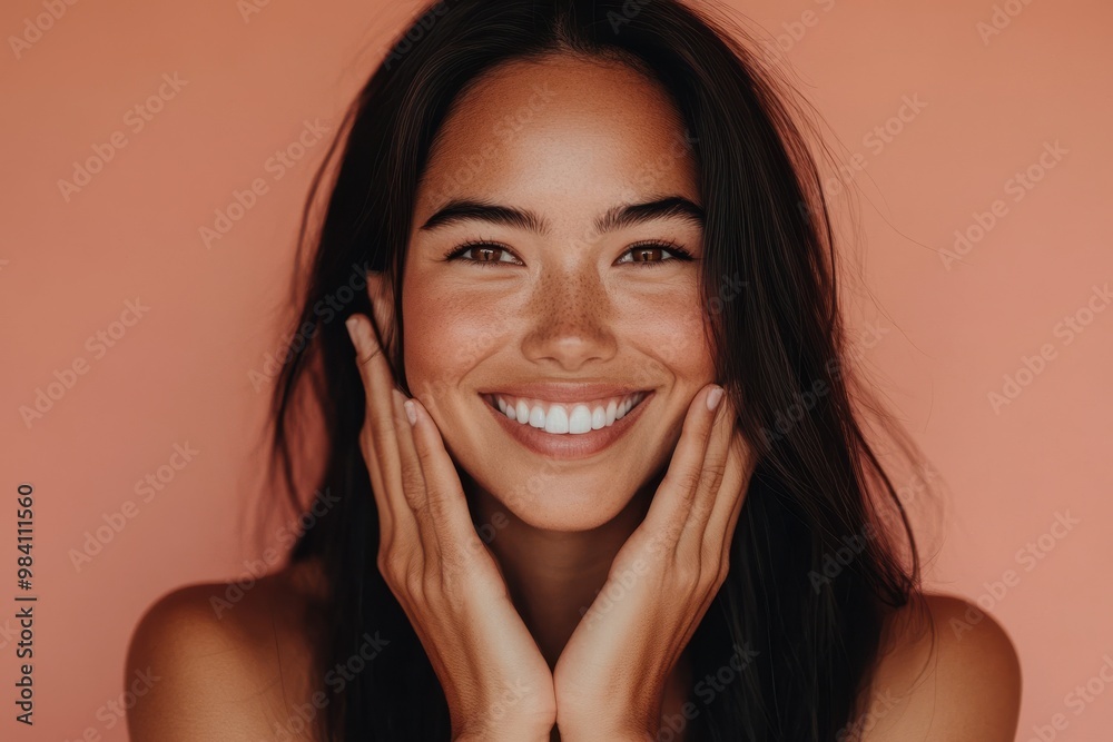 A radiant portrait of a woman smiling joyfully with her hands gently framing her face A radiant portrait of a woman smiling joyfully with her hands gently framing her face