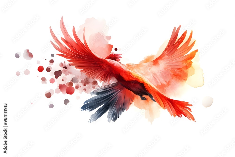 Fototapeta premium Capture a majestic Phoenix in flight, feathers glowing in fiery hues, set against a stark white backdrop