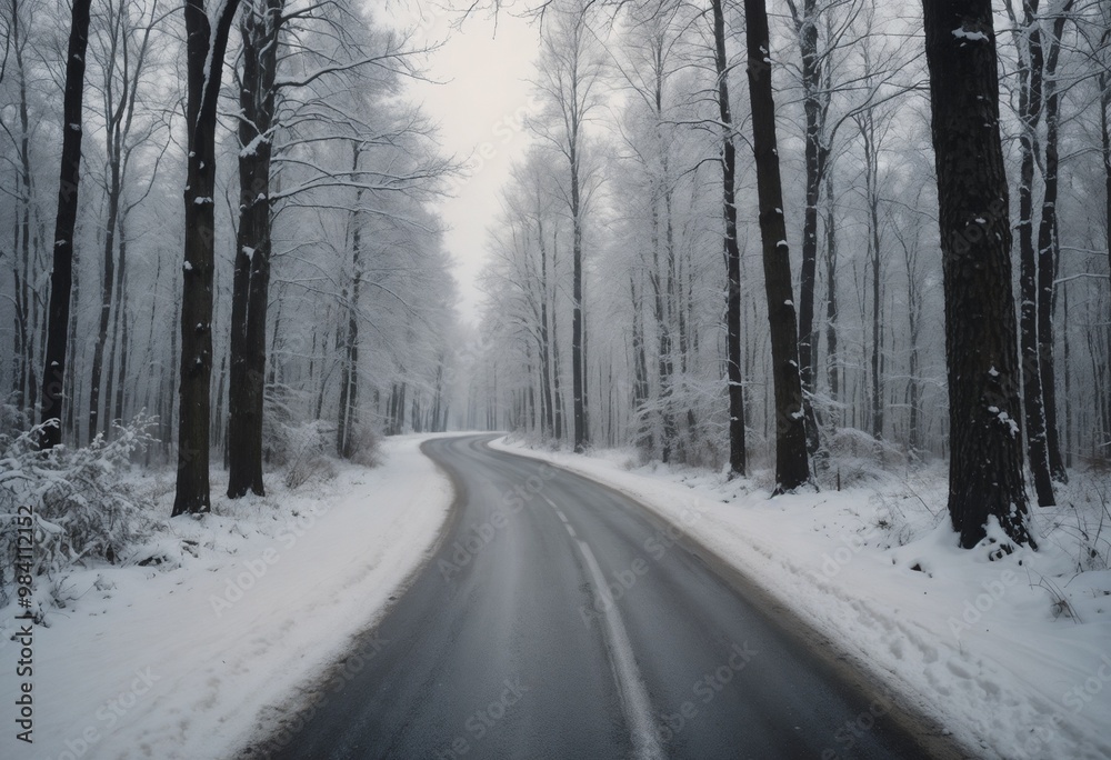 Winding snowy road through a frosty forest with tall trees in winter scene Winding snowy road through a frosty forest with tall trees in winter scene