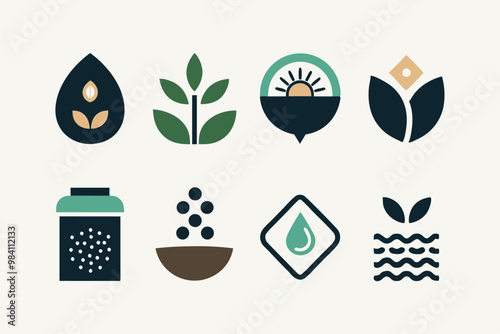 Minimalist icons representing chia seed, water, and nature-themed concepts for branding and design