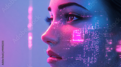 Digital innovation is reshaping communication, showcasing futuristic portrait of woman with holographic elements illuminating her face. vibrant colors evoke sense of wonder and transformation photo