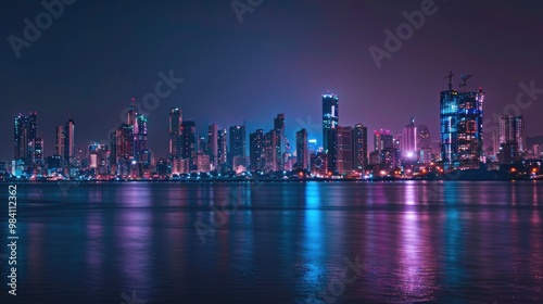 Bombay Night Skyline - Panoramic View of Downtown Mumbai City Landscape with Skyscrapers