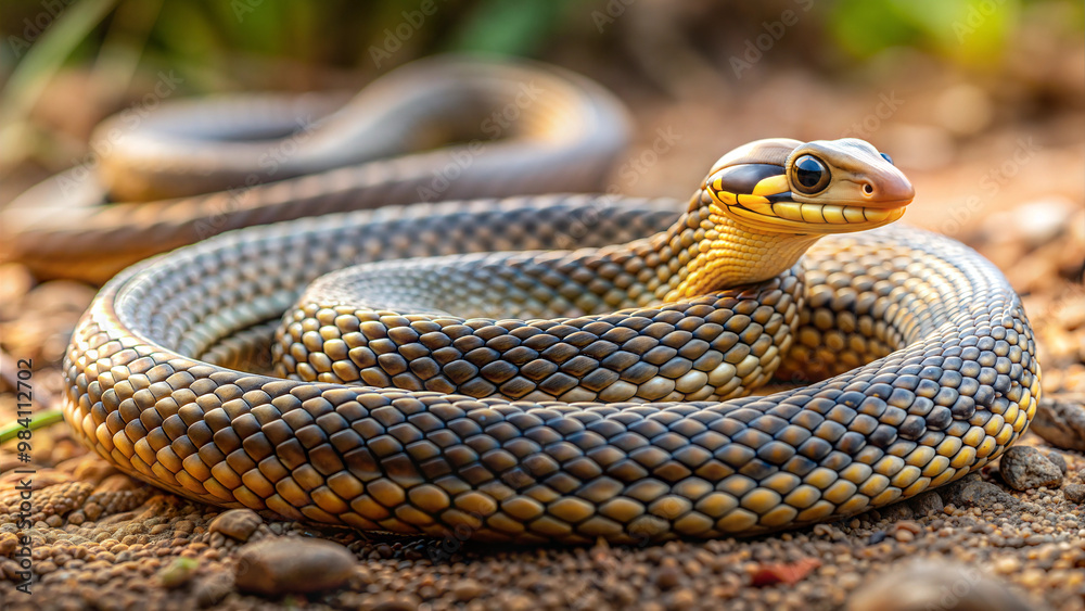 Motionless Snake Coiled in a Death-Imitating Pose on a Neutral Natural Surface, Simple and Clean Motionless Snake Coiled in a Death-Imitating Pose on a Neutral Natural Surface, Simple and Clean