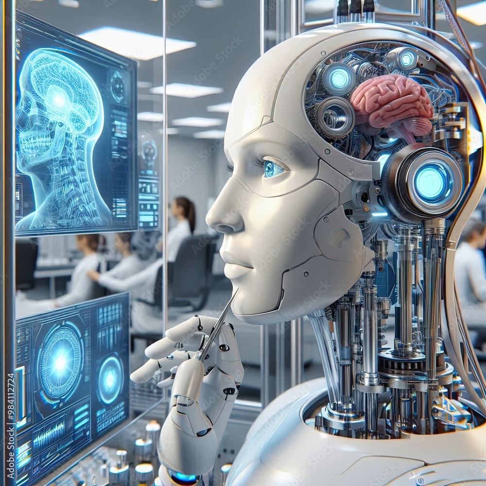 Fototapeta premium Advanced AI robots with human-like features Laboratory setup