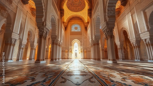 Beautiful mosque inside building with beautiful sky at sunset with space for text or inscriptions
