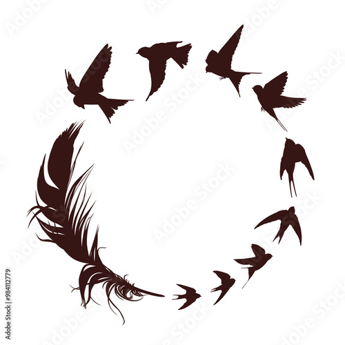 Round frame with feather and flock of birds.
