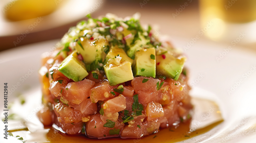 A visual of a gourmet tuna tartare with avocado and a soy-ginger dressing. A visual of a gourmet tuna tartare with avocado and a soy-ginger dressing.