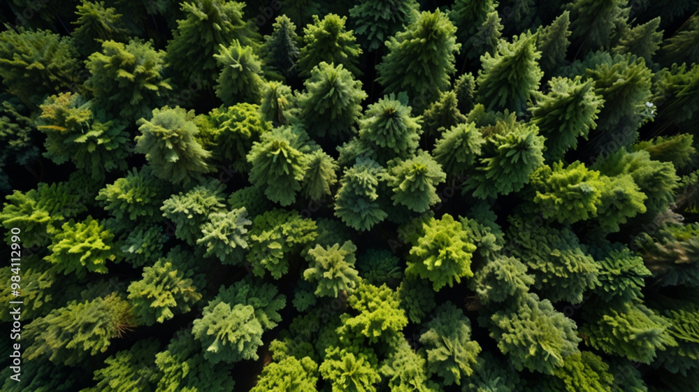 Aerial view of dense green forest. The forest is filled with lush and vibrant trees, densely arranged to form a continuous canopy. Different shades of green create a natural, untouched feel
Aerial view of dense green forest. The forest is filled with lush and vibrant trees, densely arranged to form a continuous canopy. Different shades of green create a natural, untouched feel