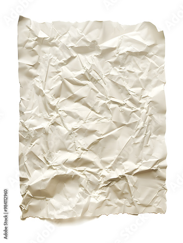 White crumpled paper isolated on white background. Wrinkles and irregular folds form intricate textures 