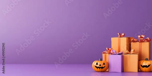 Enchanting Halloween scene with gift boxes, carved pumpkins, and bats on a mystical purple backdrop, perfect for festive and digital marketing needs photo