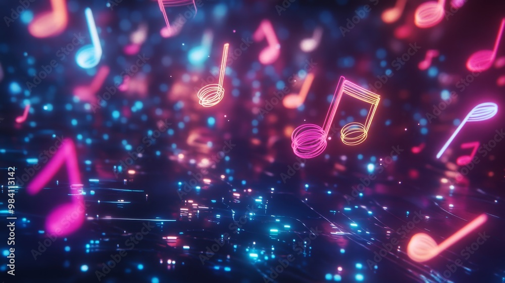 Illuminated Harmony: Neon-colored Musical Notes Representing the Connection Between Music and Imagination