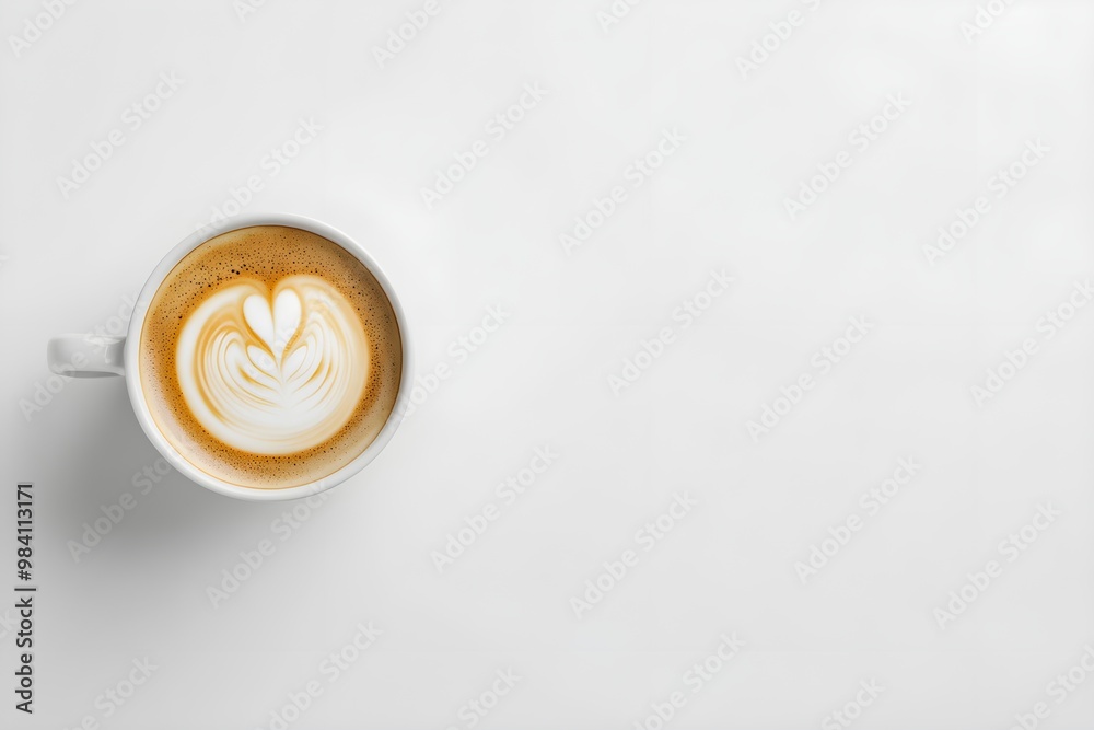 Design a visually striking wide-angle shot of a latte in a vintage, elegant porcelain cup, featuring delicate latte foam swirls, set against a minimalist white background Design a visually striking wide-angle shot of a latte in a vintage, elegant porcelain cup, featuring delicate latte foam swirls, set against a minimalist white background