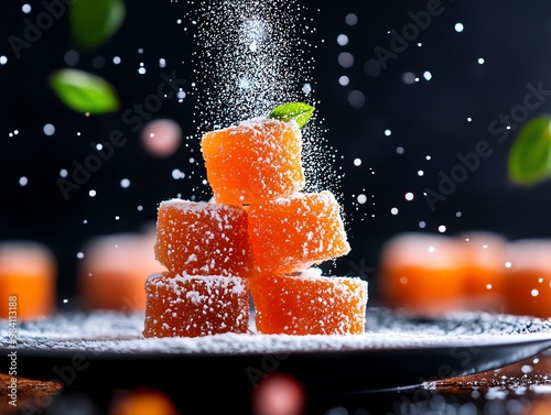 Greek loukoumi, also known as Turkish delight, is a jellylike confection flavored with rosewater or citrus and dusted with powdered sugar, popular in Thessaloniki photo