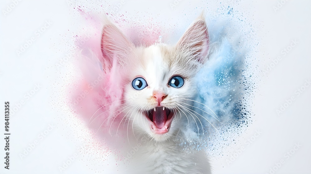 Fototapeta premium Excited cat, ears perked, open mouth, vibrant colors, watercolor style