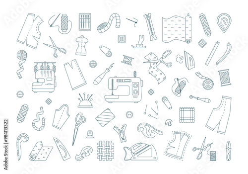 Sewing elements and materials for sewing and needlework in icons outline set. Tailoring tools, equipment and accessories. Threads, buttons, needle, scissors, dummy, patterns. Vector line illustration