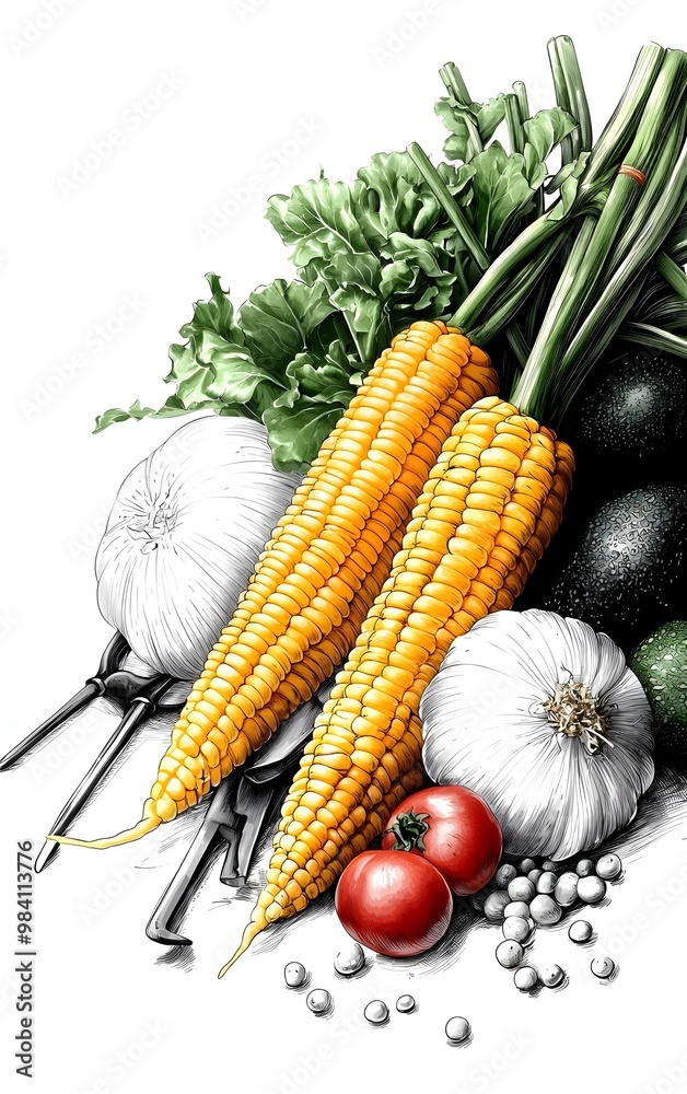 A collection of farm tools and vegetables, rustic scene, ink sketch, monochrome, isolated on white background A collection of farm tools and vegetables, rustic scene, ink sketch, monochrome, isolated on white background