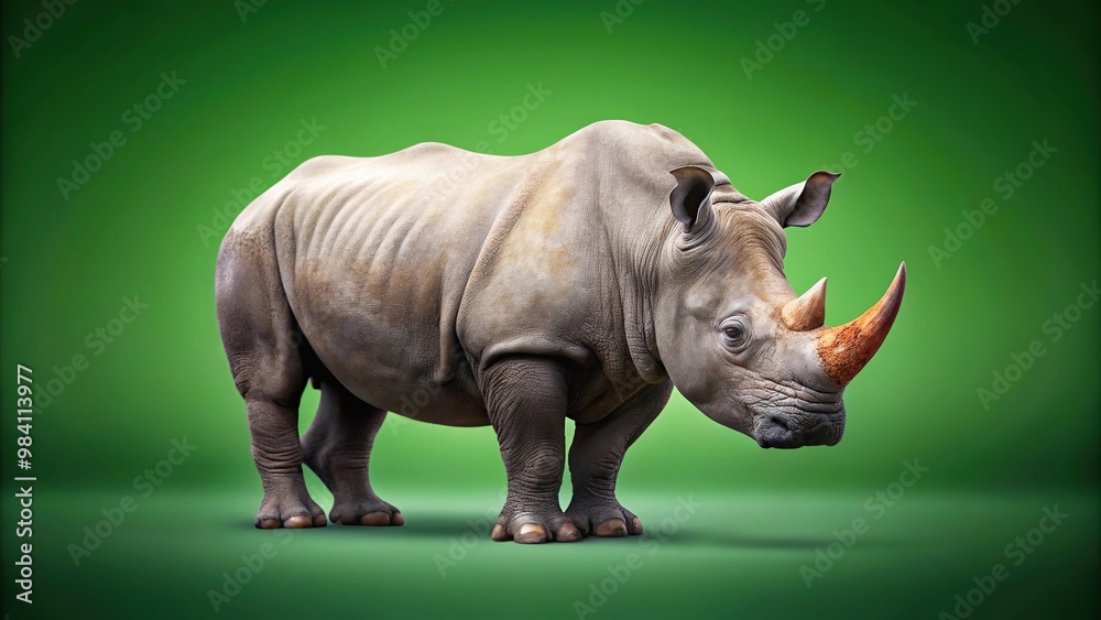 Obraz premium Big rhino isolated on green background with copy space