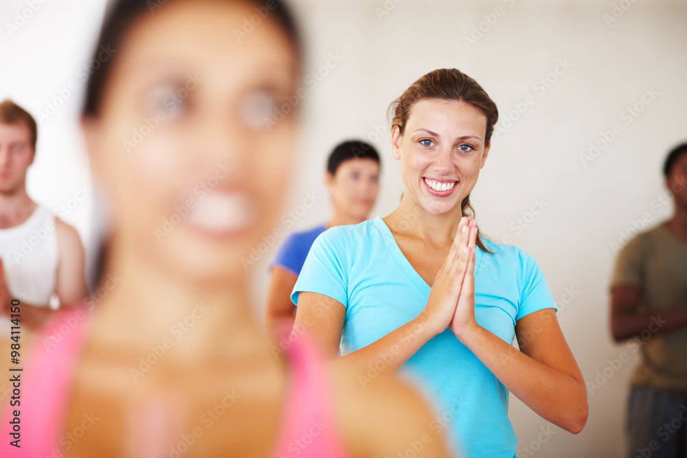 Yoga, workout and portrait of woman in class for wellness, health and mindfulness in studio. Friends, happy and group of people for exercise, training and fitness for pilates, balance and flexibility Yoga, workout and portrait of woman in class for wellness, health and mindfulness in studio. Friends, happy and group of people for exercise, training and fitness for pilates, balance and flexibility