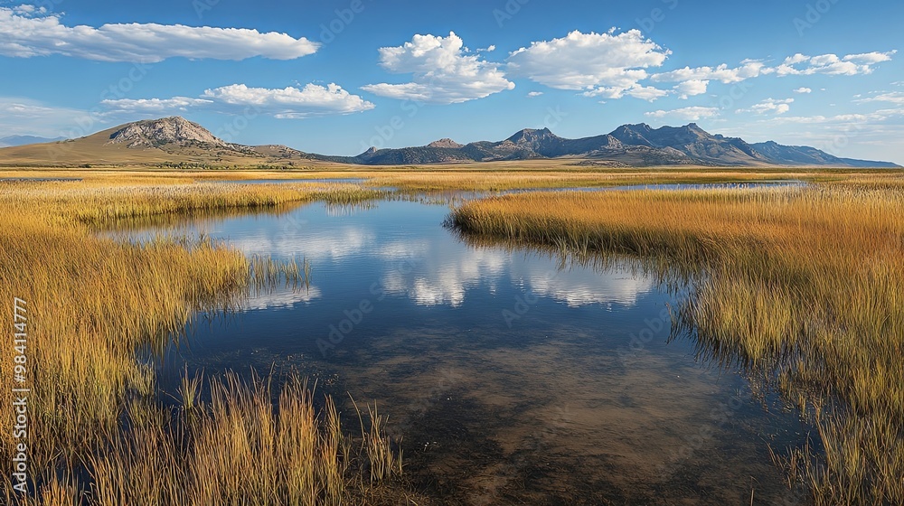 Expansive wetlands with tall grasses, reflective water Expansive wetlands with tall grasses, reflective water