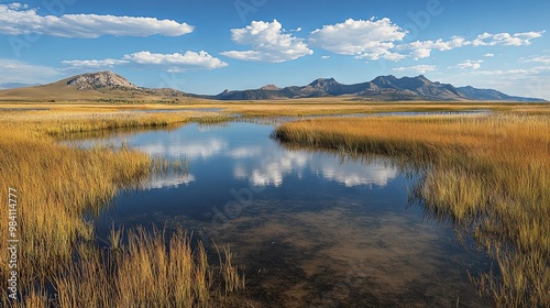 Expansive wetlands with tall grasses, reflective water