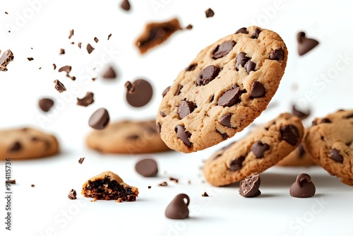 A delicious chocolate chip cookie with chocolate chips flying around it.