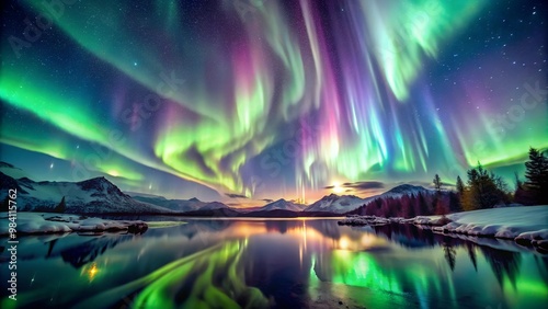 Stunning aurora borealis lights up the night sky with vibrant colors, creating a mesmerizing natural display in the Arctic wilderness