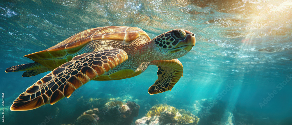 Fototapeta premium A serene underwater scene featuring a swimming turtle illuminated by sunlight.