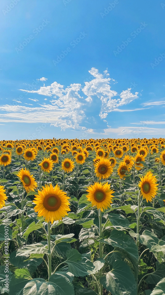 Fototapeta premium Field of golden sunflowers with blue sky and white clouds hd phone wallpaper