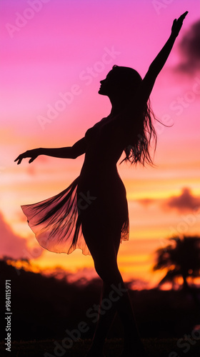 Silhouette of a dancer against orange pink sunset hd phone wallpaper