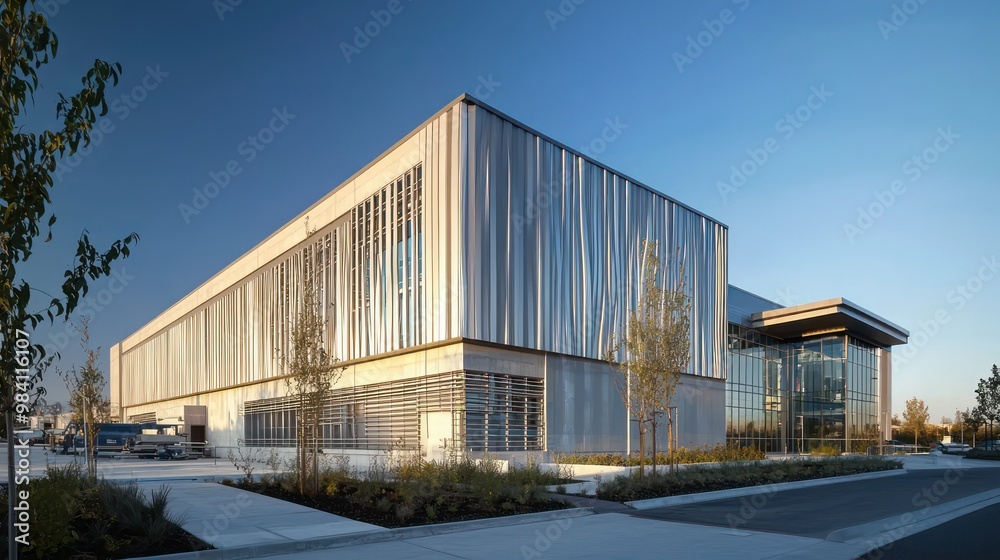 Obraz premium A high-tech recycling facility with a facade of dynamically patterned fiber cement siding, symbolizing the transformation of old materials into new