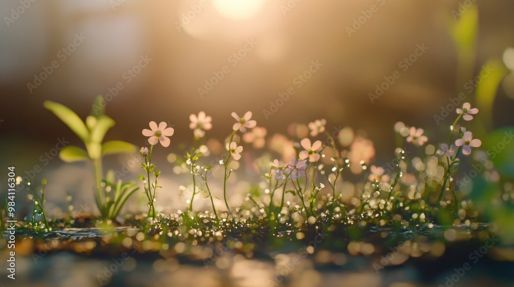 Fototapeta premium Beautiful close-up of tiny grass flowers blooming across the floor, with fine textures and natural light, set in a realistic background