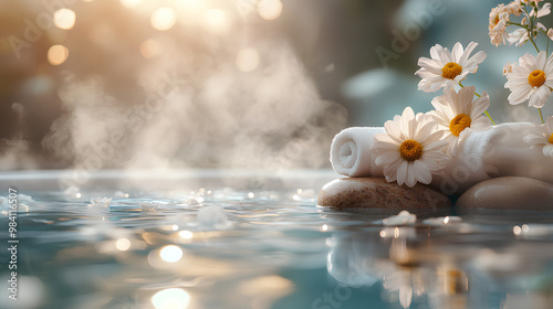 A hot tub with a towel and flowers on top photo