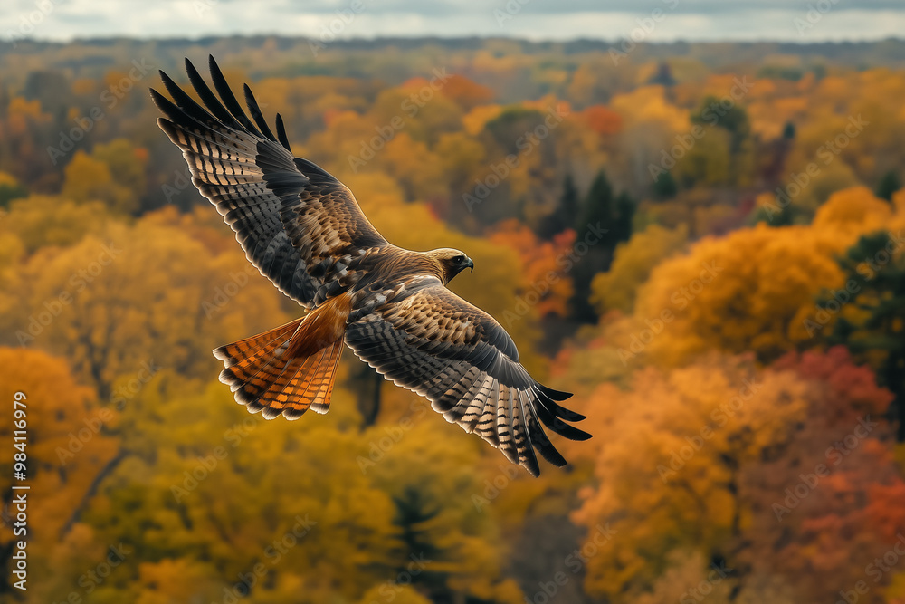 Fototapeta premium Majestic hawk soaring above a vibrant autumn forest, showcasing the beauty of nature with colorful trees in the background