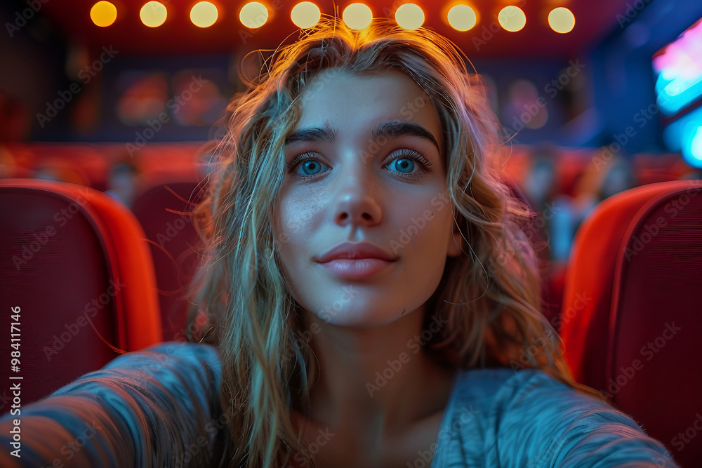 Fototapeta premium Lovely girl taking selfie in cinema hall generative ai